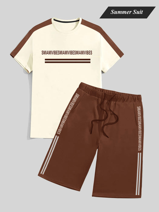 Summer Fashion T-Shirt & Lounge Short Suit For Men-Off White with Brown-BR13157
