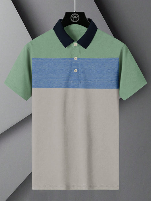 Summer Polo Shirt For Men-Grey with Sky & Green Panel-BR12942