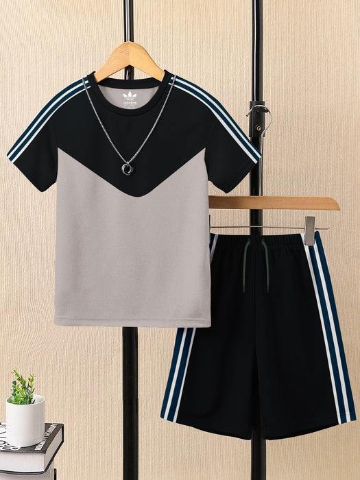 Summer T Shirt & Short Suit For Kids-Chalk Grey & Black with White,Navy Stripe-BE3310/BR15748