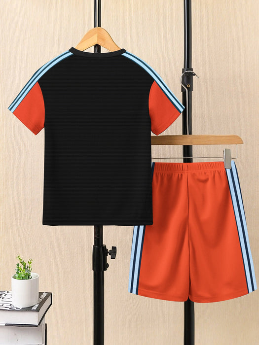 Summer T Shirt & Short Suit For Kids-Orange & Black Lining with Sky,Navy Stripe-BE3311/BR15749