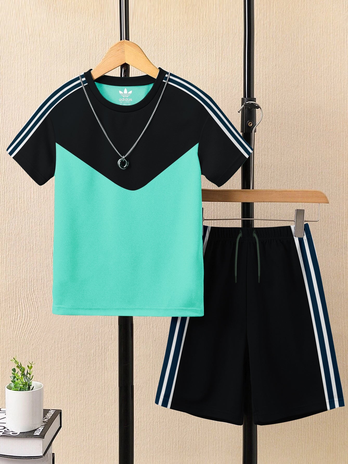 Summer T Shirt & Short Suit For Kids-Sea Green & Black with White,Navy Stripe-BE3309/BR15747