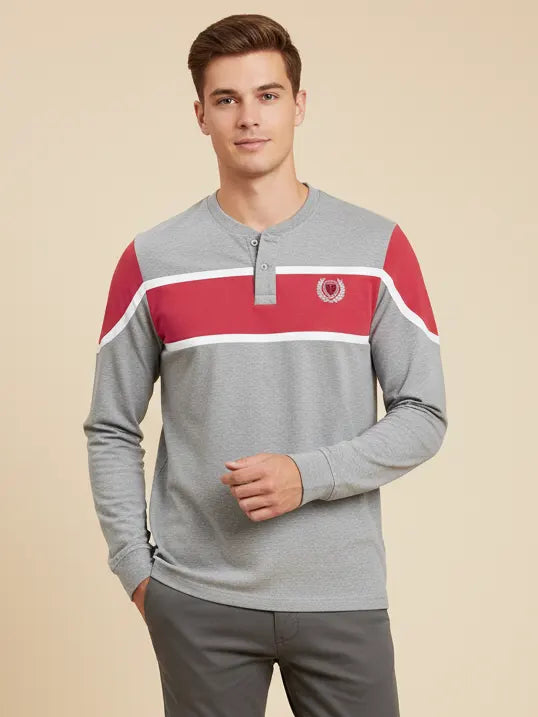 Louis Vicaci P.Q Long Sleeve Henley Shirt For Men-Light Grey With Pink Melange-PN08