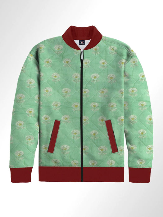 Quilted Zipper Baseball Jacket For Kids-Green Allover Print & Red-BR939