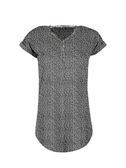 Terranova Curved Long Hem T Shirt For Women-Black & Grey Allover Print-BR13731