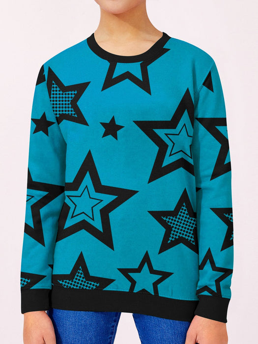 Terry Fleece Sweatshirt For Kids-Dark Cyan with Stars Print-BR14241