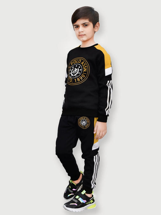 U.S Polo Assn Fleece Tracksuit For Kids-Black with Yellow-BR919