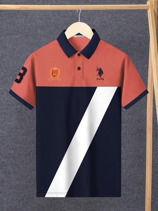U.S Polo Assn. Summer Polo Shirt For Men-Navy with Coral Orange & White Panel-BR13027