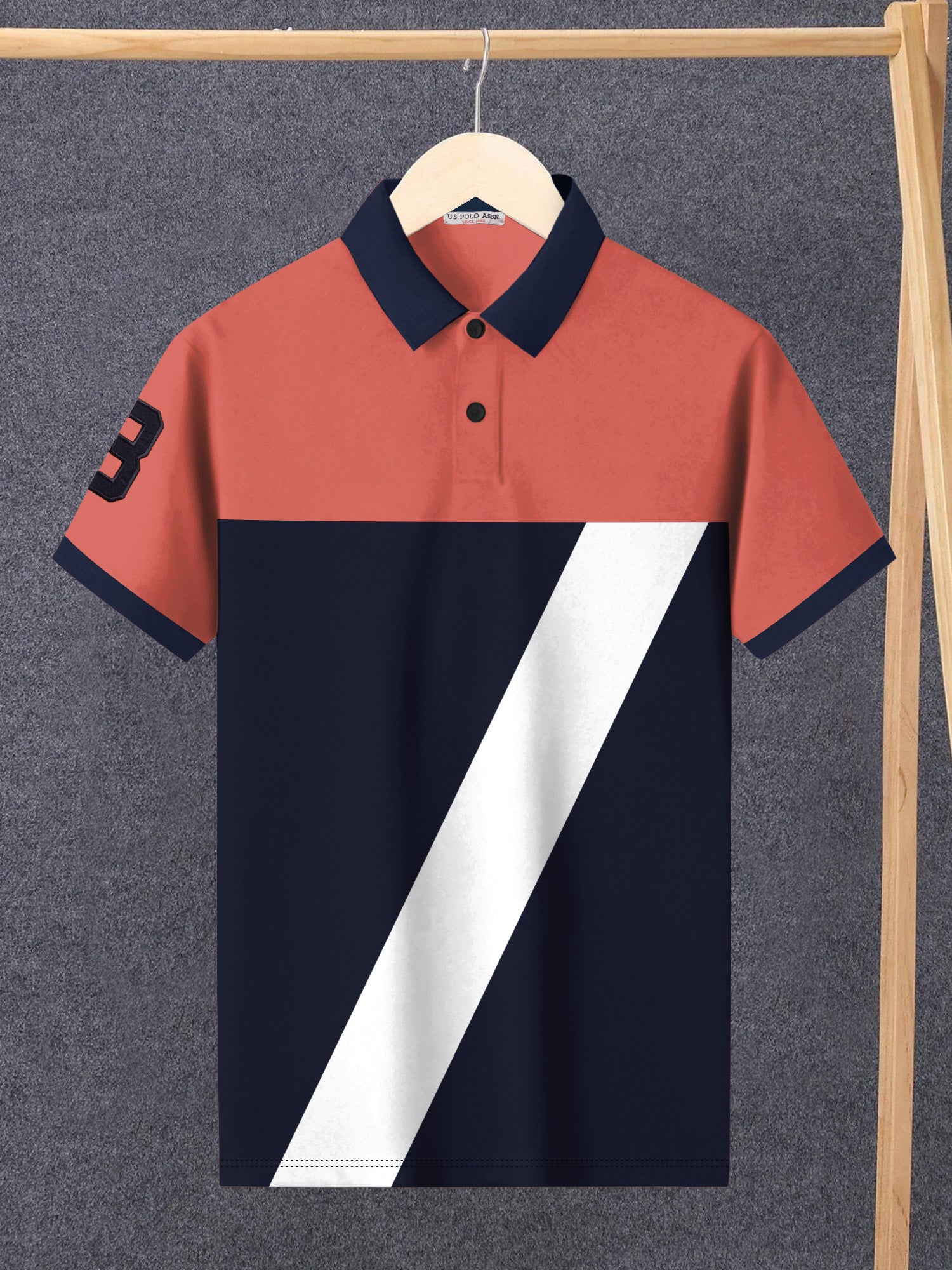 U.S Polo Assn. Summer Polo Shirt For Men-Navy with Coral Orange & White Panel-BR13027