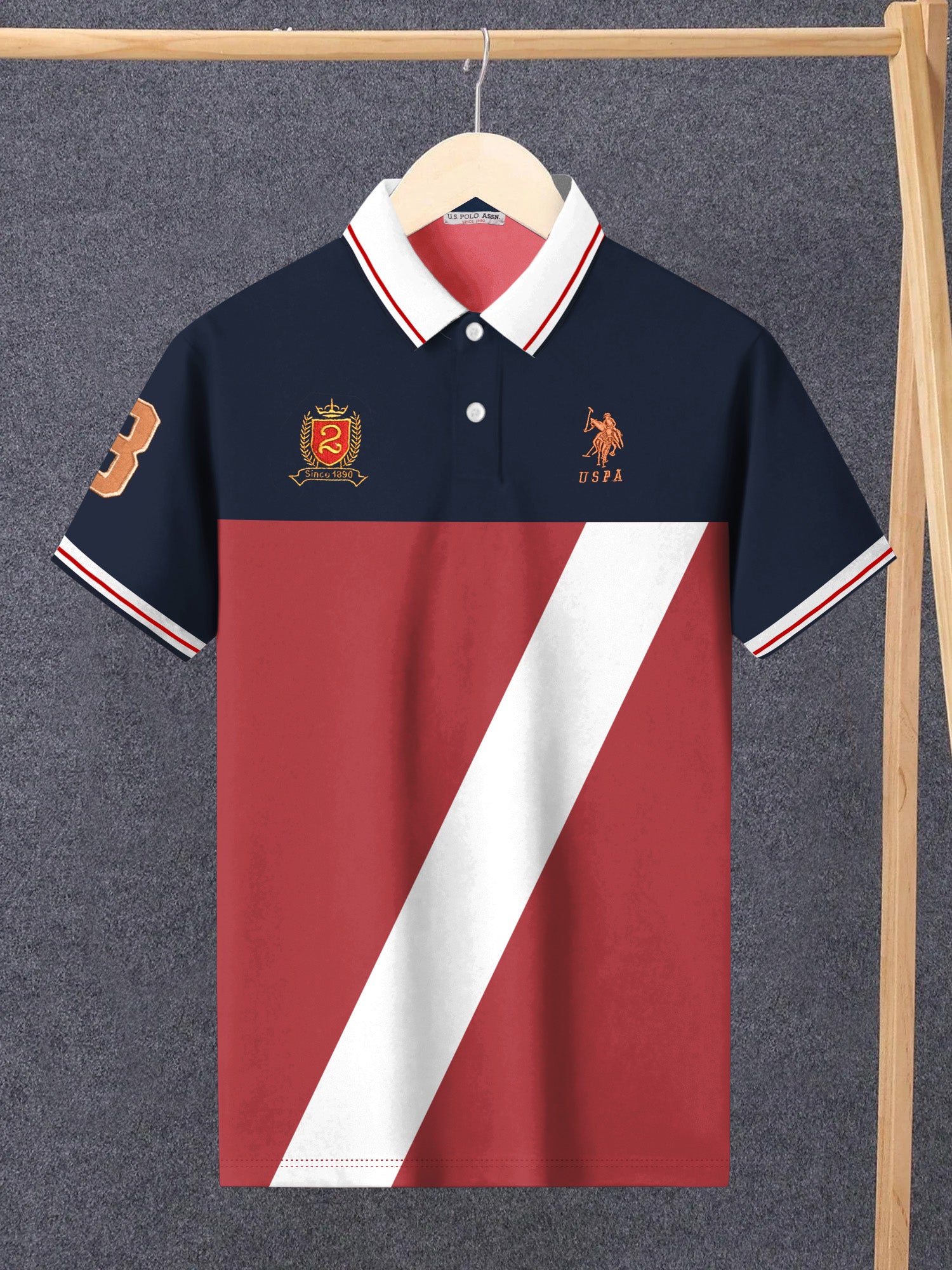 U.S Polo Assn. Summer Polo Shirt For Men-Navy with Coral Orange & White Panel-BR13029