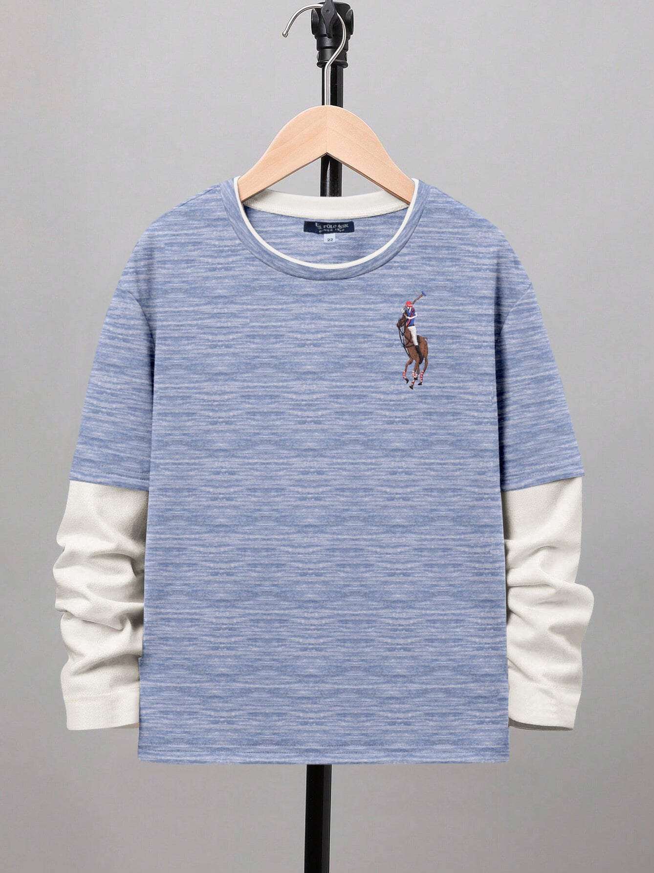 US POLO ASSN Single Jersey Long Sleeve Tee Shirt For Kids-Blue Melange & Off White-BR13404