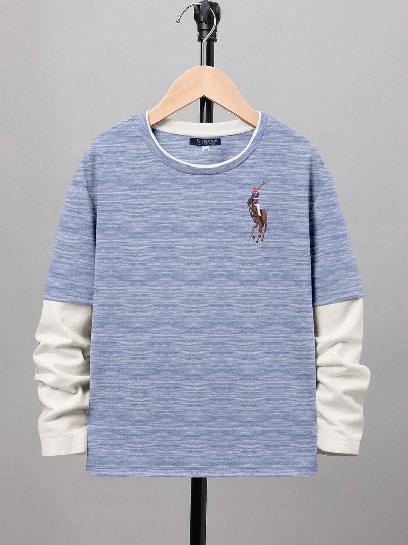 US POLO ASSN Single Jersey Long Sleeve Tee Shirt For Kids-Blue Melange & Off White-BR13404