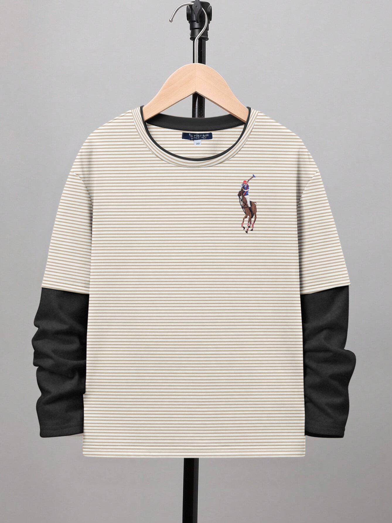 US POLO ASSN Single Jersey Long Sleeve Tee Shirt For Kids-Skin Lining & Charcoal-BR13405