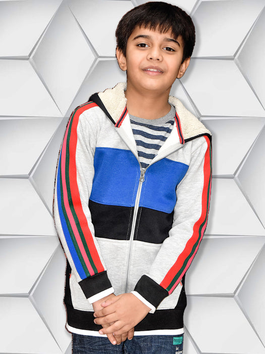 NXT Inner Hood Fur Fleece Full Zipper Hoodie For Kids-Grey with Black & Blue Panels-BR14425