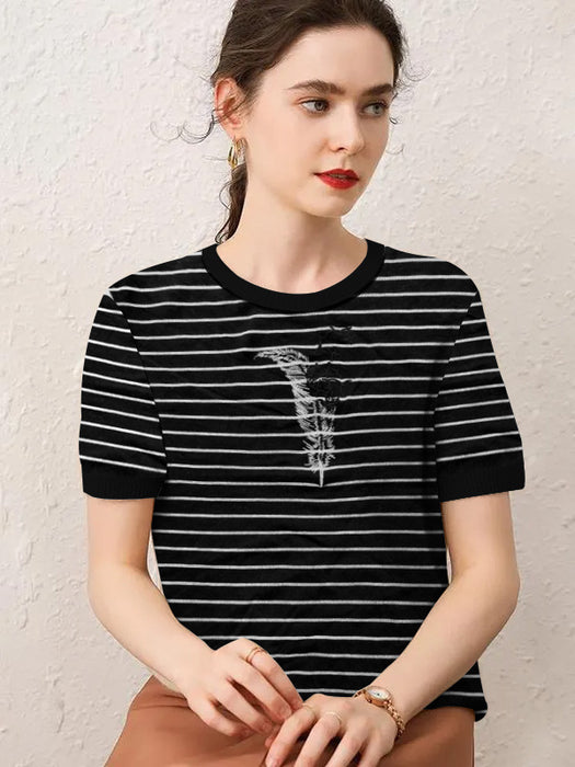 Fashion Half Sleeve Wool Sweater For Women-Black With White Stripes-AZ101