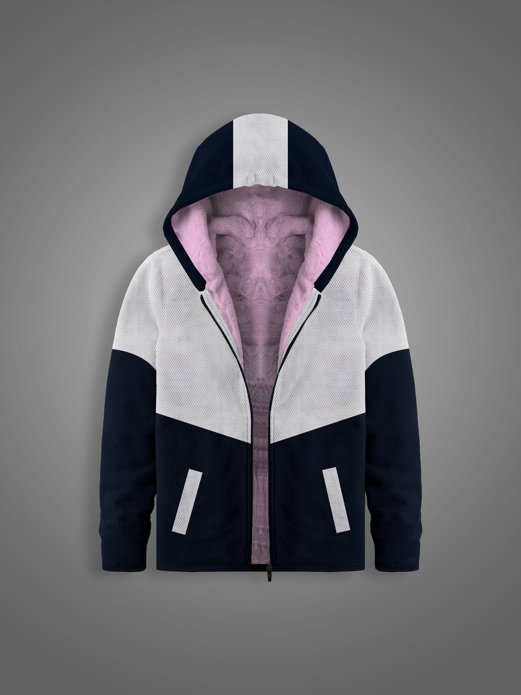 Mango Stylish Inner Quilted Fur Zipper Hoodie For Kids-White & Navy-BR956
