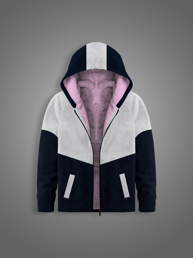 Mango Stylish Inner Quilted Fur Zipper Hoodie For Kids-White & Navy-BR956