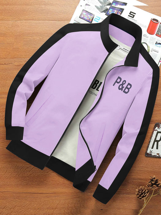 P&B Fleece Zipper Mock Neck Jacket For Men-Light Purple with Black-BR12845