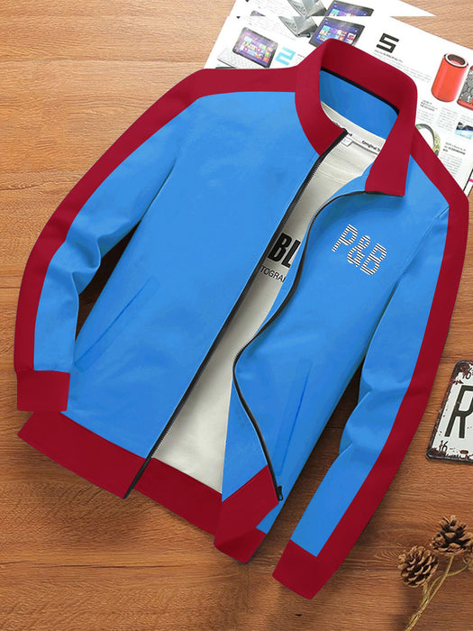 P&B Terry Fleece Zipper Mock Neck Jacket For Men-Sky with Red-BR12813