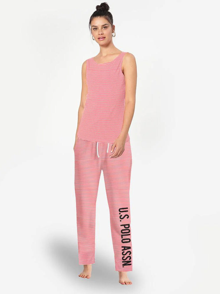 U.S Polo Sleeve Less Sleeping Suit For Women-Pink Striper-RT603