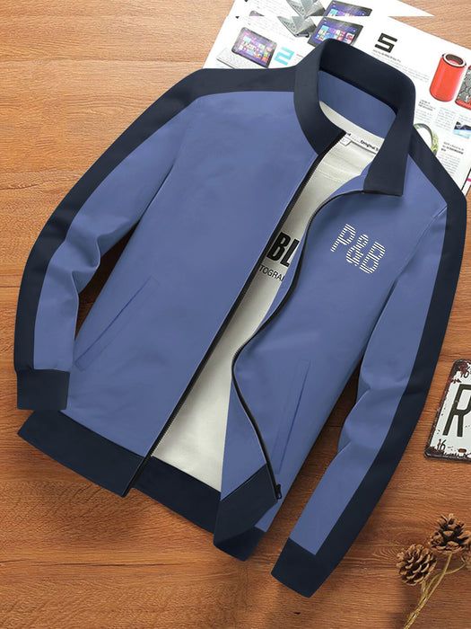 P&B Terry Fleece Zipper Mock Neck Jacket For Men-Light Blue with Navy-BR1282