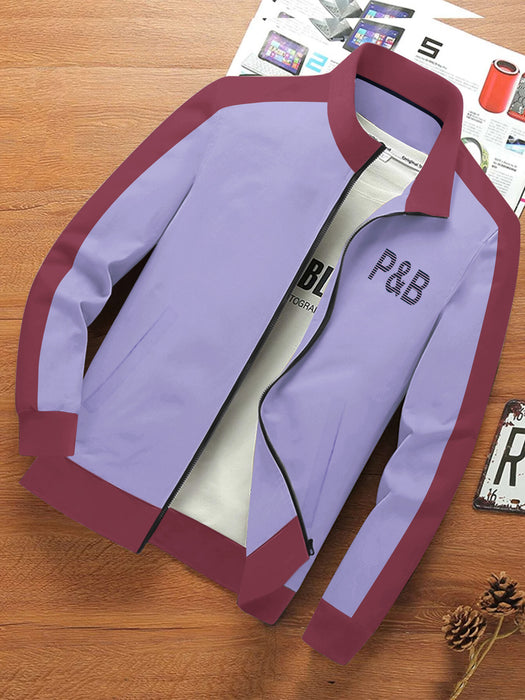 P&B Terry Fleece Zipper Mock Neck Jacket For Men-Light Purple with Maroon-BR12833