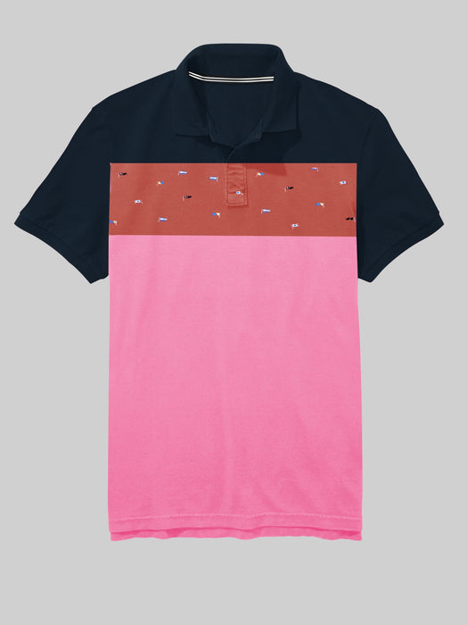 Summer Polo Shirt For Men-Pink With Navy & Light Red Pannel-RT740