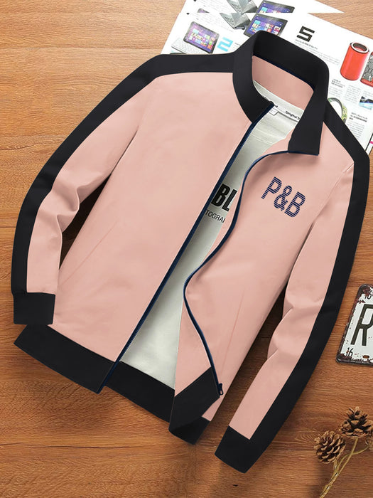 P&B Fleece Zipper Mock Neck Jacket For Men-Light Peach with Black-BR1271