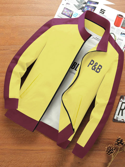 P&B Terry Fleece Zipper Mock Neck Jacket For Men-Yellow with Maroon-BR12850