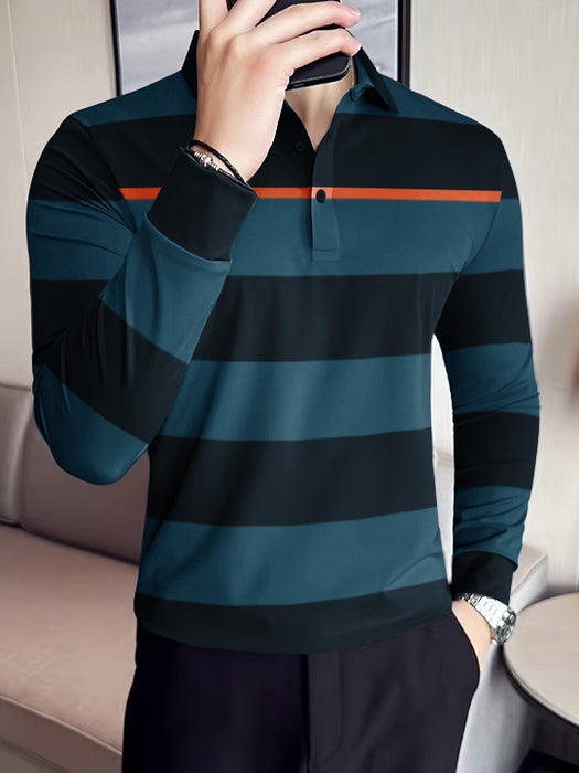 Louis Vicaci Long Sleeve Polo Shirt For Men-Dark Blue with Orange & Navy Stripe-BR898