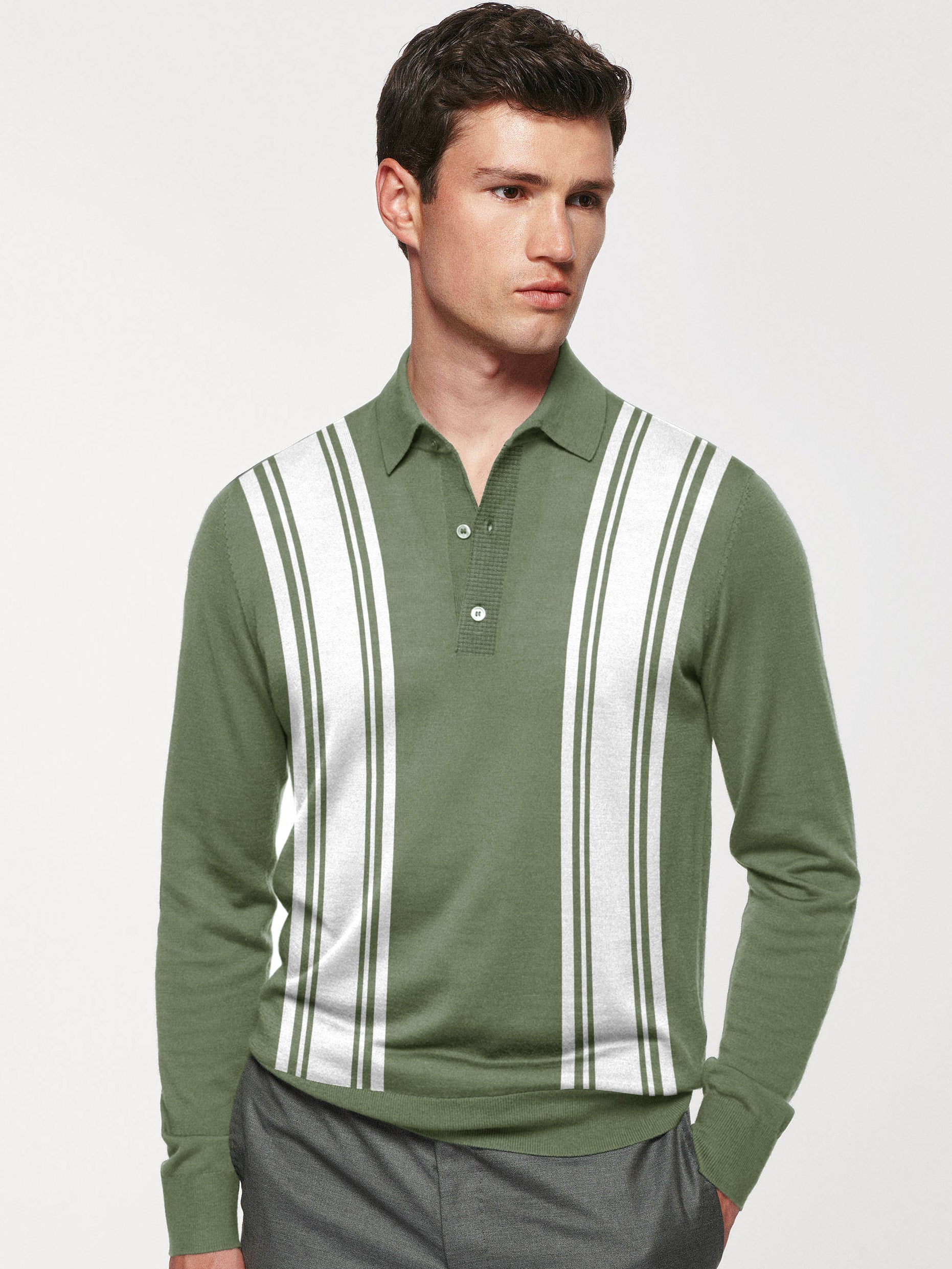 Full Fashion Long Sleeve Wool Polo Shirt For Men-Green with Stripe-BR12851
