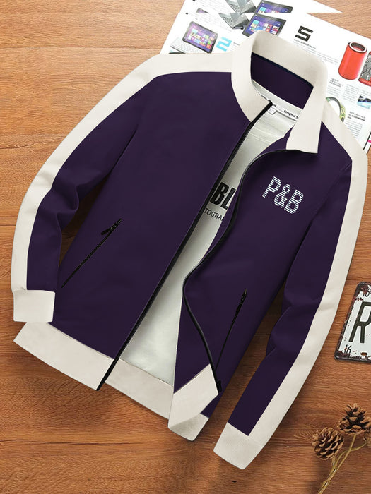 P&B Terry Fleece Zipper Mock Neck Jacket For Men-Dark Purple with White-BR12815