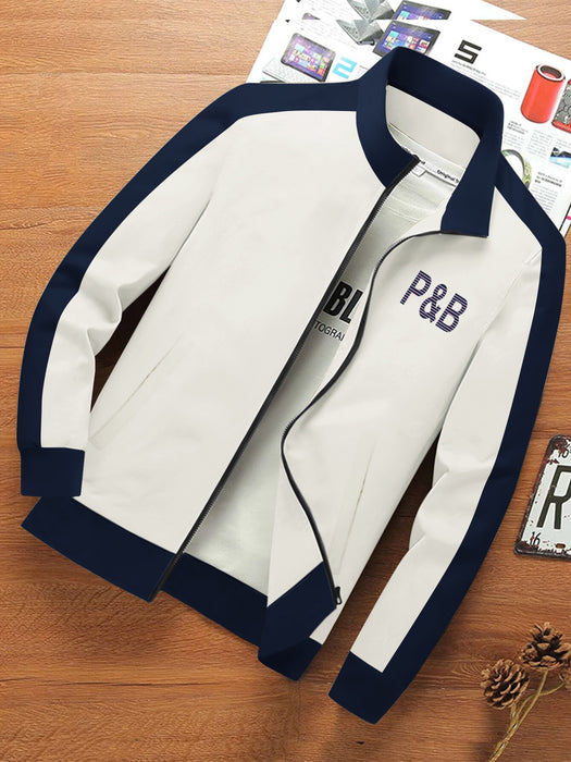 P&B Fleece Zipper Mock Neck Jacket For Men-Off White with Navy-BR1269