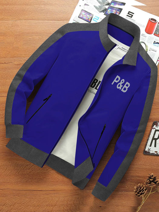 P&B Terry Fleece Zipper Mock Neck Jacket For Men-Royal Blue & Charcoal Melange-BR12811