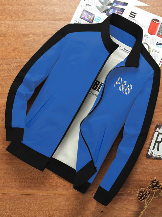 P&B Fleece Zipper Mock Neck Jacket For Men-Dark Blue with Black-BR12846