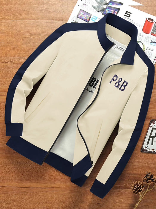 P&B Terry Fleece Zipper Mock Neck Jacket For Men-Cream with Navy-BR1280