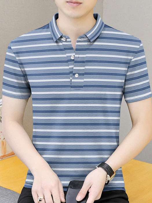 Louis Vicaci Single Jersey Polo Shirt For Men-Blue with White Allover Stripe-BR712