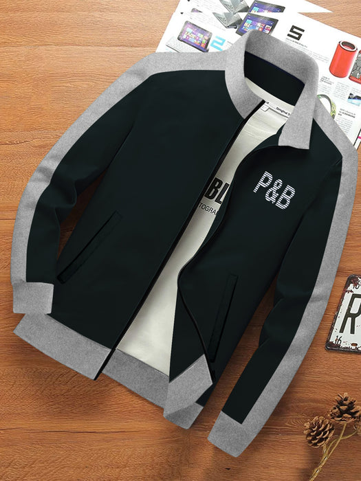 P&B Fleece Zipper Mock Neck Jacket For Men-Dark Cyan Green with Grey Melange-BR1279