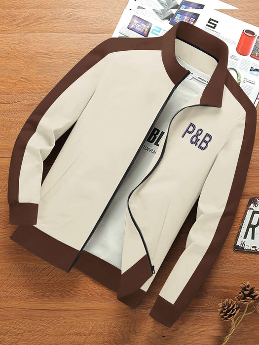 P&B Fleece Zipper Mock Neck Jacket For Men-Off White with Brown-BR12807