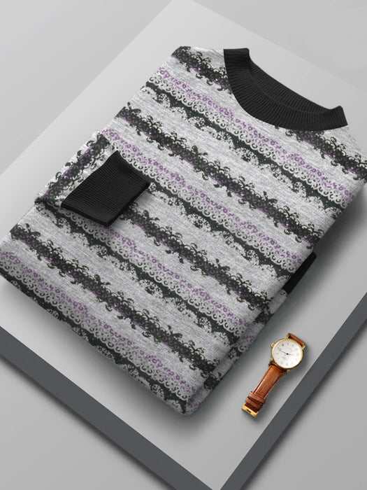 Full Fashion Wool Sweatshirt For Men-Grey Melange with Allover Print Stripe-BR1161