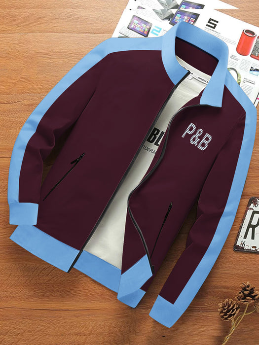 P&B Fleece Zipper Mock Neck Jacket For Men-Maroon with Sky-BR12799