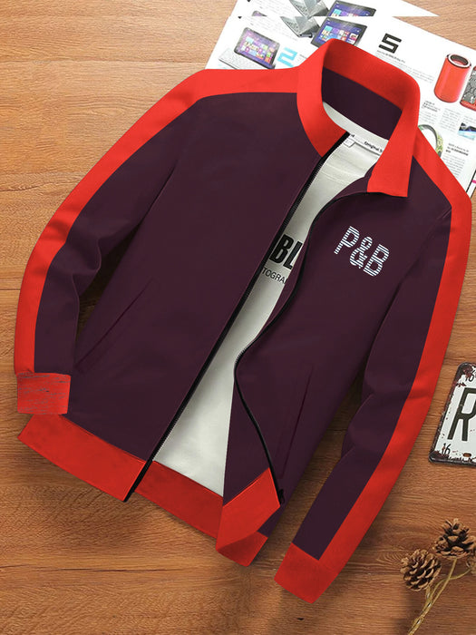 P&B Fleece Zipper Mock Neck Jacket For Men-Dark Burgundy with Orange-BR12823