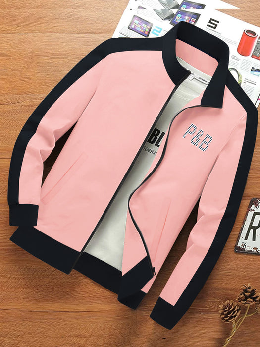 P&B Fleece Zipper Mock Neck Jacket For Men-Light Pink with Black-BR12809