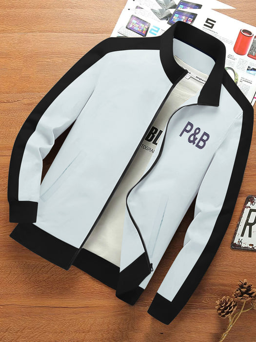 P&B Terry Fleece Zipper Mock Neck Jacket For Men-Ice Sky with Black-BR1273