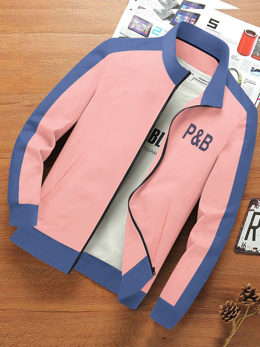 P&B Terry Fleece Zipper Mock Neck Jacket For Men-Peach with Blue-BR12814