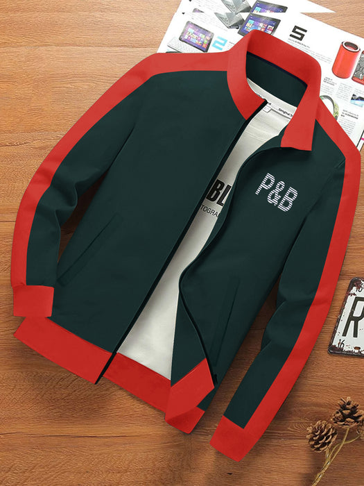 P&B Fleece Zipper Mock Neck Jacket For Men-Dark Green with Orange-BR12841