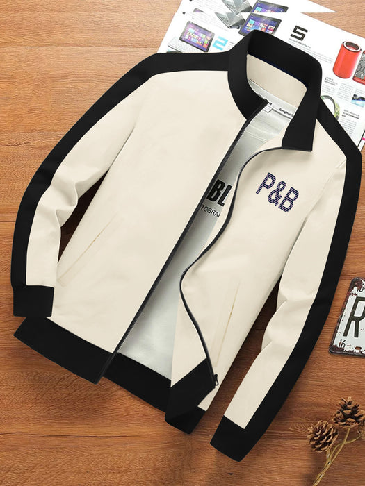 P&B Fleece Zipper Mock Neck Jacket For Men-Cream with Black-BR1259
