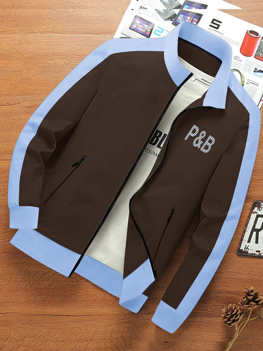 P&B Terry Fleece Zipper Mock Neck Jacket For Men-Dark Brown with Sky-BR1264