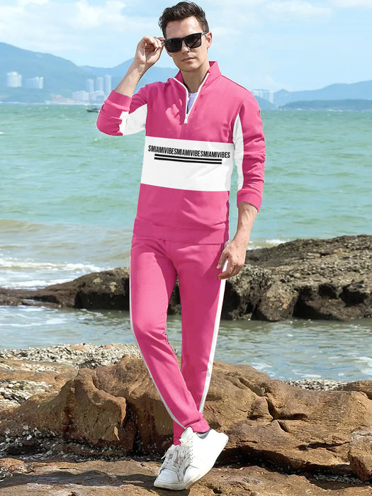 16Sixty Fleece Zipper Tracksuit For Men-Pink with White Panels-BR873