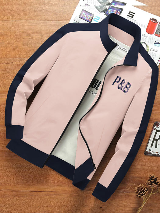 P&B Fleece Zipper Mock Neck Jacket For Men-Light Baby Pink with Navy-BR1276