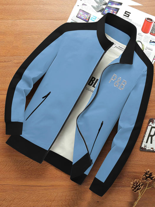 P&B Terry Fleece Zipper Mock Neck Jacket For Men-Sky with Black-BR1260